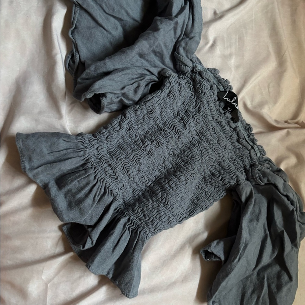 Lulu's Charcoal Smocked Off-Shoulder Blouse
